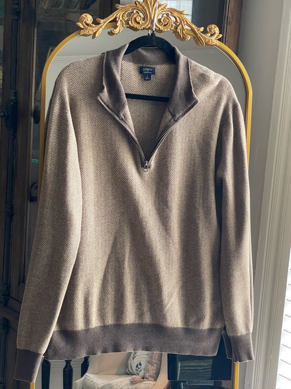 J. Crew Factory 100% Cotton Men’s Brown Herringbone Half-Zip Sweater